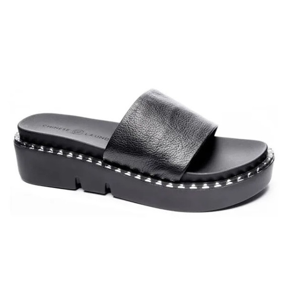 Chinese Laundry Promise Black Leather Flatform Slide Sandals - Picture 3 of 12